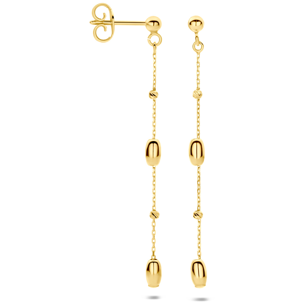 Voor- en zijaanzicht van de gouden lange oorhangers van 14 karaat.