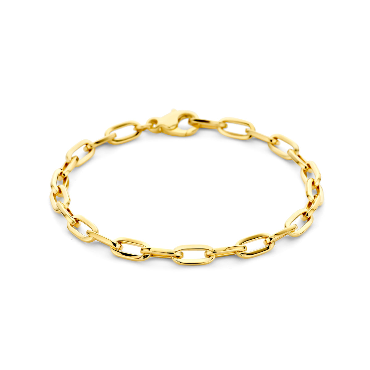 Vooraanzicht van de gouden ankerarmband van 14 karaat.