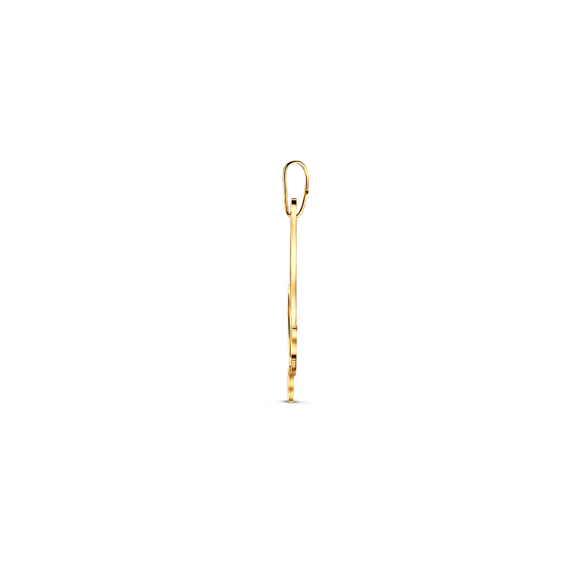 Zijaanzicht van de gouden letterhanger van 14 karaat (A).