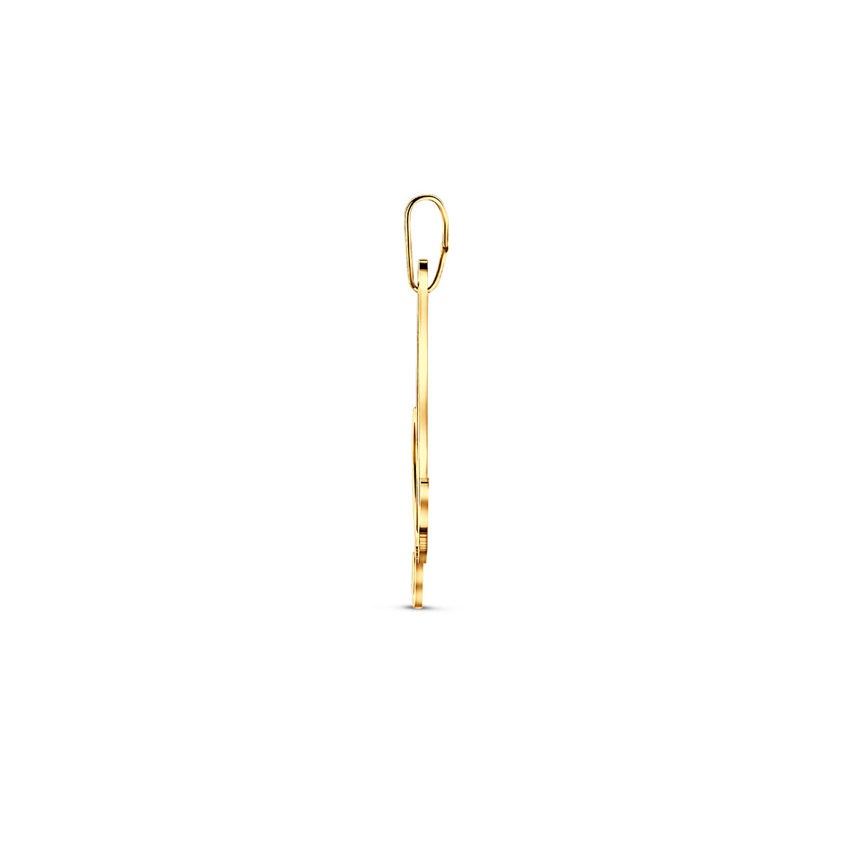 Zijaanzicht van de gouden letterhanger van 14 karaat (A).