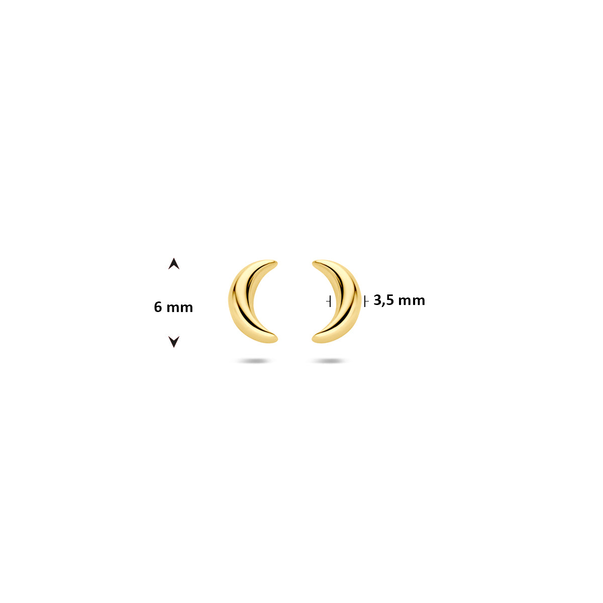 Afmetingen van de gouden maan oorknopjes van 14 karaat: 6 mm hoog en 3,5 mm breed.