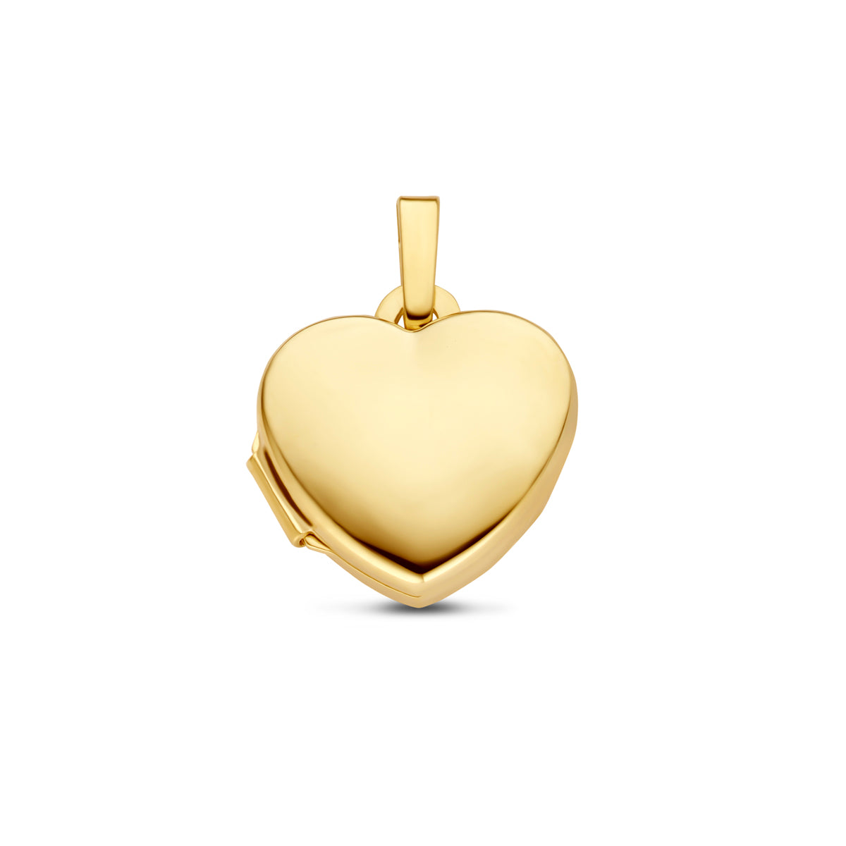 Vooraanzicht van het gouden medaillon hartje van 14 karaat van 10 mm.