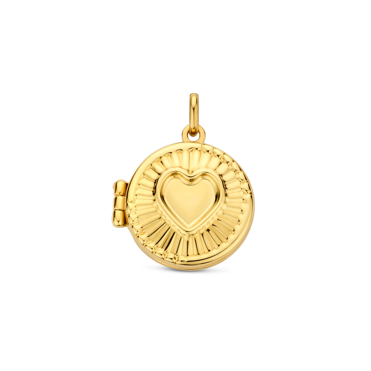 Vooraanzicht van de gouden medaillon hartje hanger van 14 karaat.