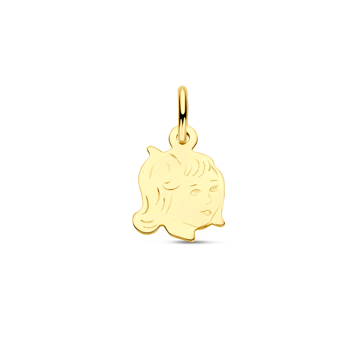 Vooraanzicht van de gouden meisje hanger van 14 karaat.