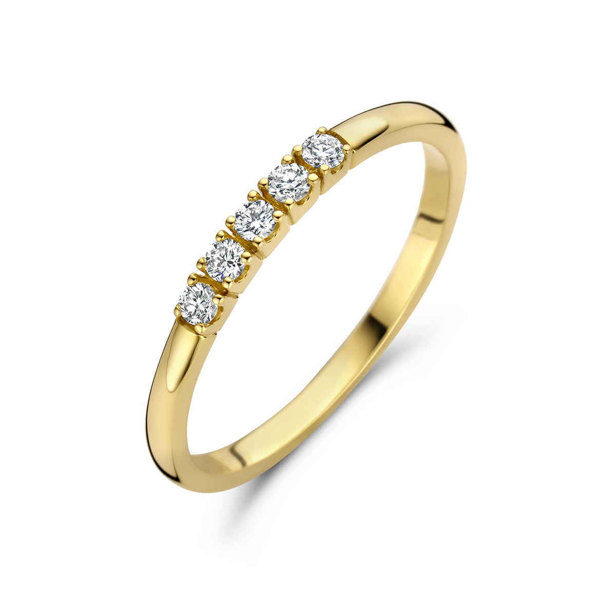 Schuin bovenaanzicht van de gouden memoire ring met diamant van 14 karaat.