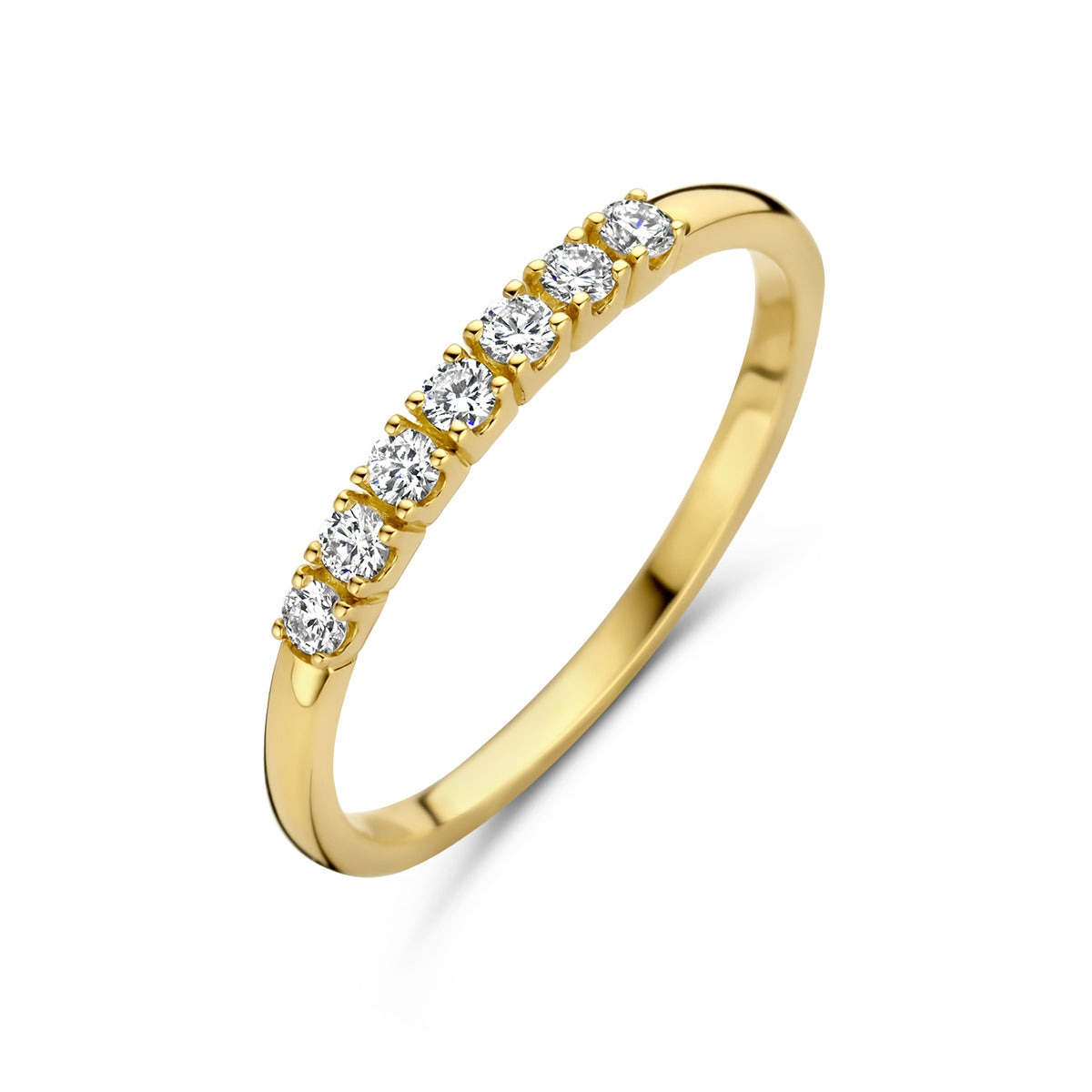 Schuin bovenaanzicht van de gouden memoire ring met diamant van 14 karaat.