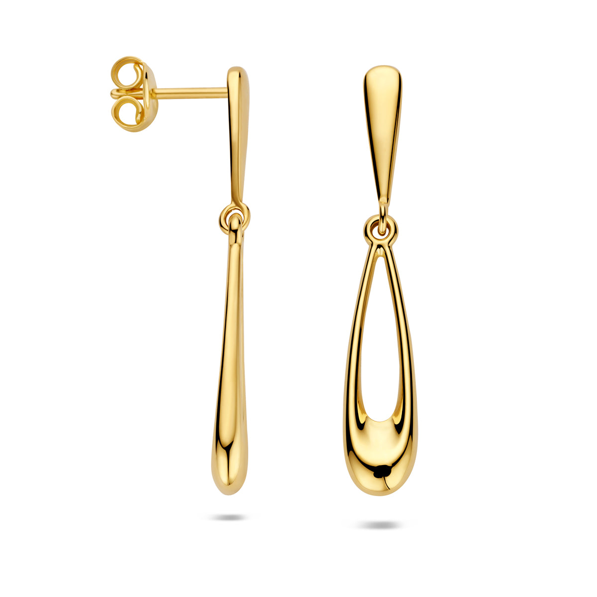 Voor- en zijaanzicht van de gouden oorhangers van 14 karaat.