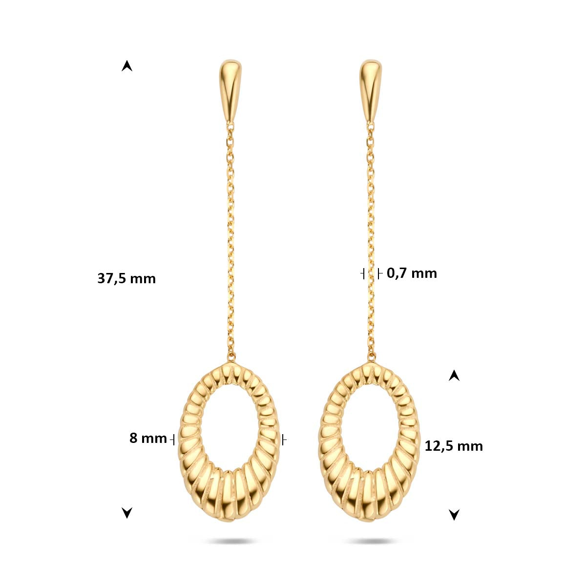 Afmetingen van de gouden oorhangers van 14 karaat: 37,5 mm hoog en 8 mm breed.