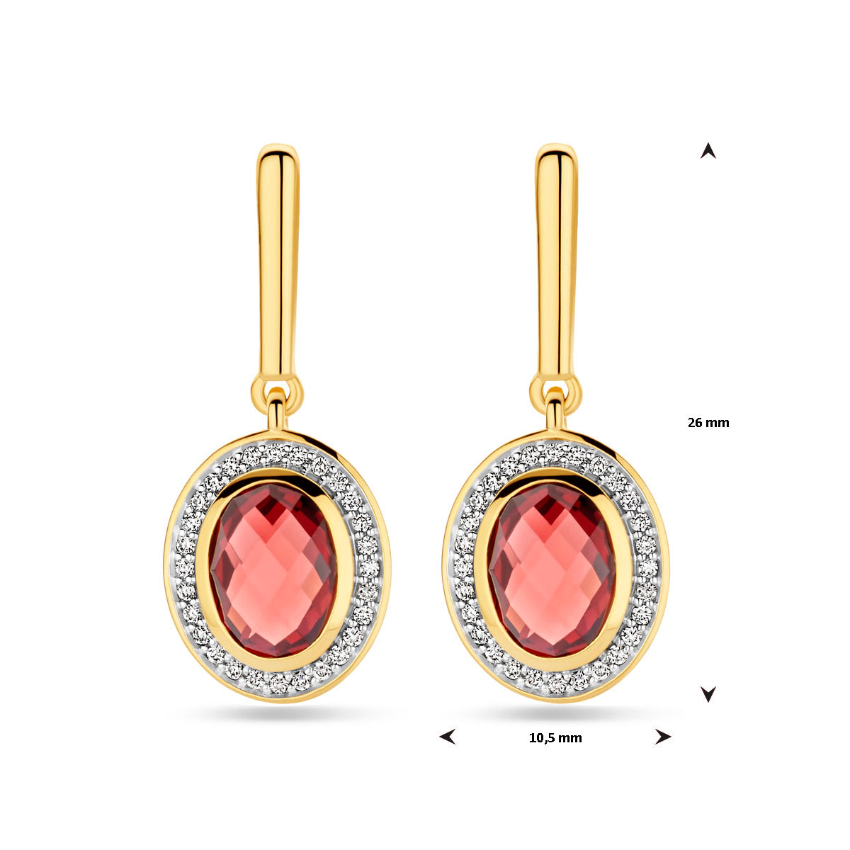 Afmetingen van de gouden oorhangers met granaat en diamant van 14 karaat: 26 mm lang en 10,5 mm breed.