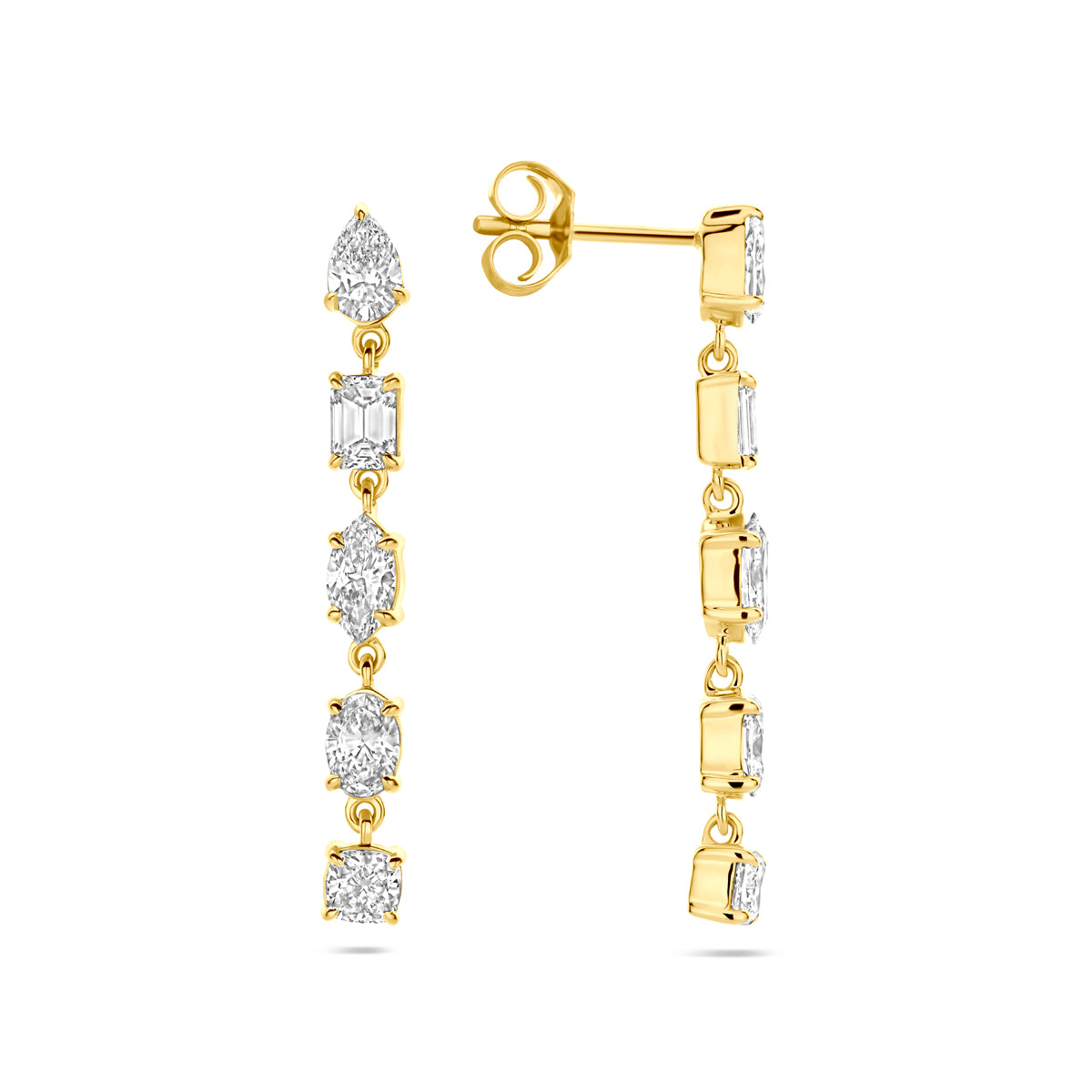Voor- en zijaanzicht van de gouden oorhangers met lab grown diamant van 14 karaat.
