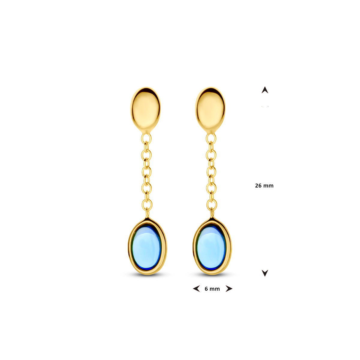 Afmetingen van de gouden oorhangers met london blue topaas van 14 karaat: 26 mm hoog en 6 mm breed.