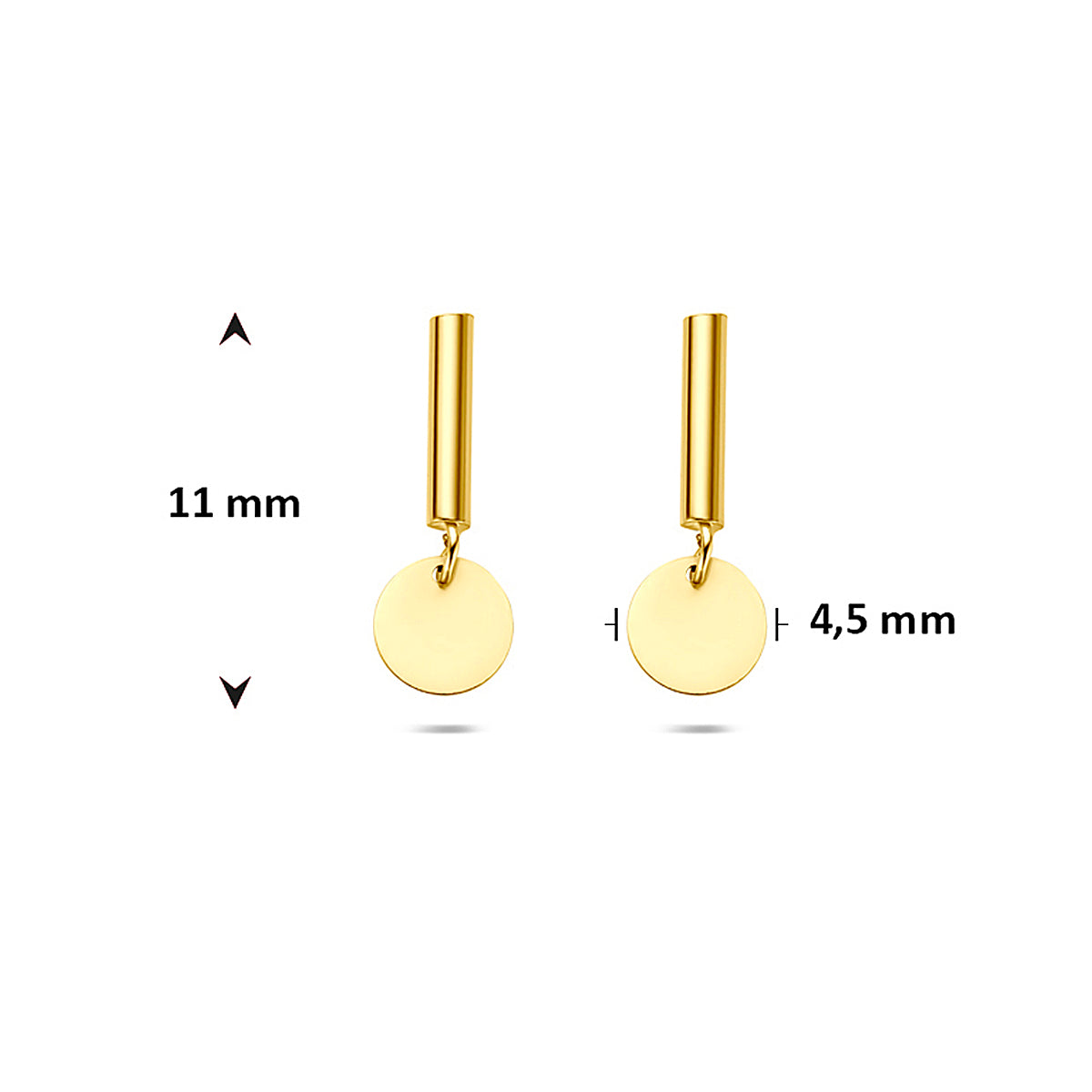 Afmetingen van de gouden oorhangers met staafje en rondje van 14 karaat: 11 mm lang en 4,5 mm breed.
