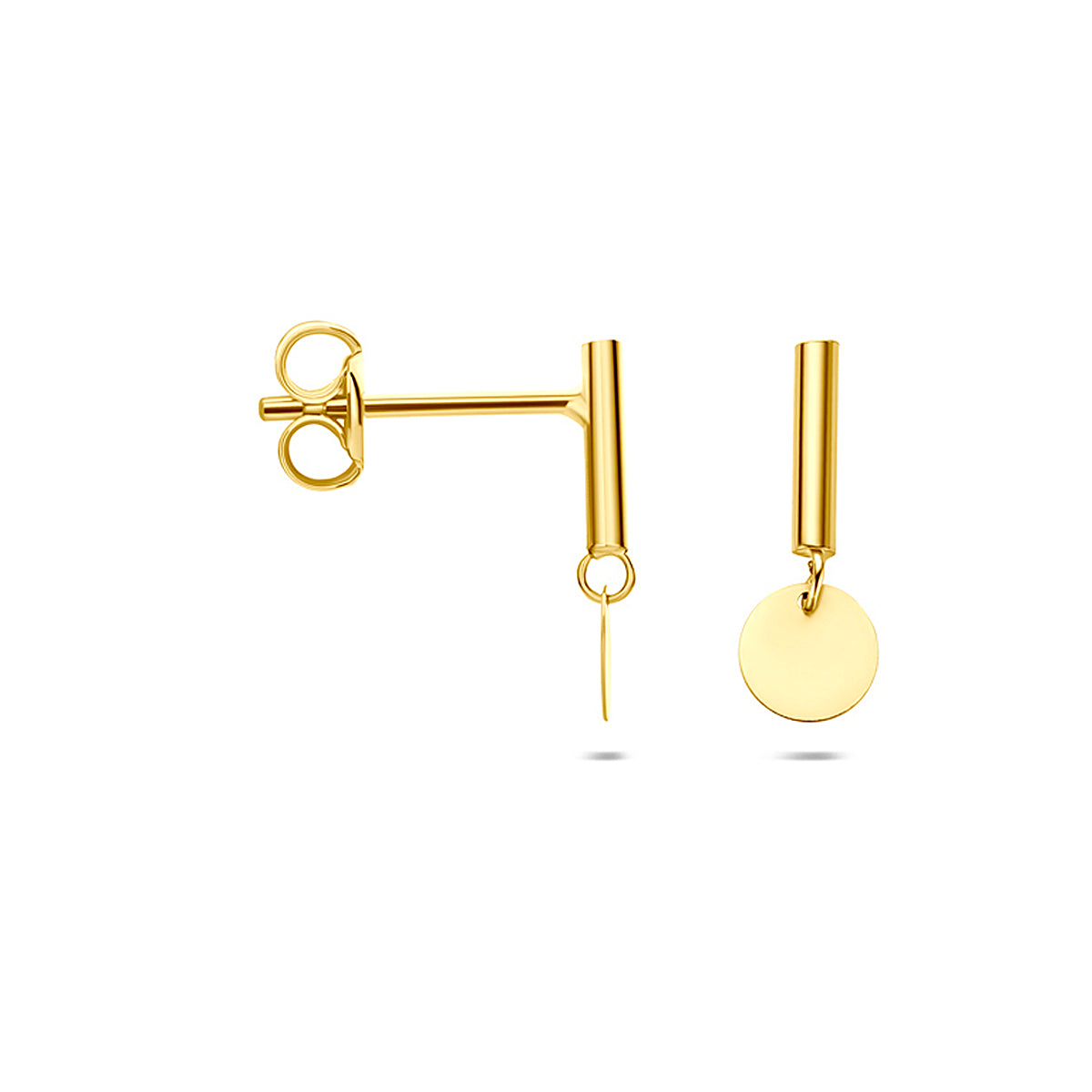 Voor- en zijaanzicht van de gouden oorhangers met staafje en rondje van 14 karaat.