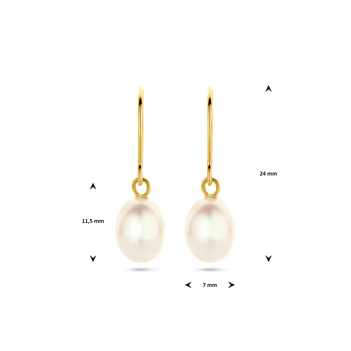 Afmetingen van de gouden oorhangers met witte parel van 14 karaat: 24 mm hoog en 7 mm breed.