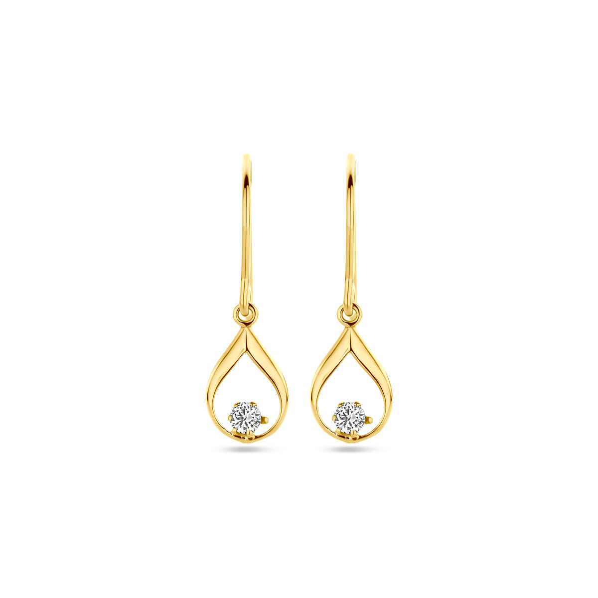 Vooraanzicht van de gouden oorhangers met zirkonia van 14 karaat.
