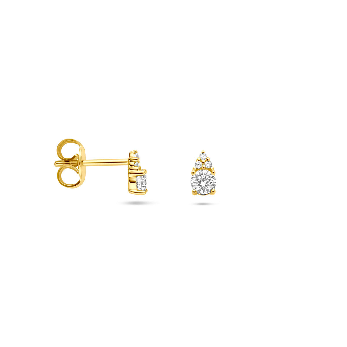 Voor- en zijaanzicht van de gouden oorknopjes met diamant van 14 karaat.