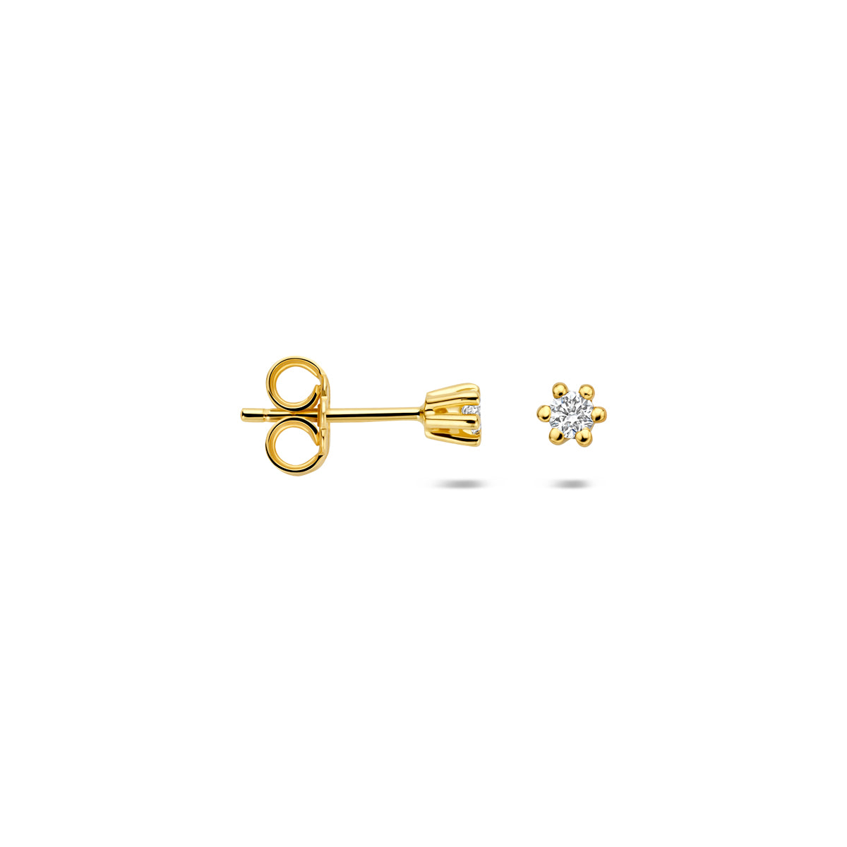 Voor- en zijaanzicht van de gouden oorknopjes met lab grown diamant van 14 karaat.
