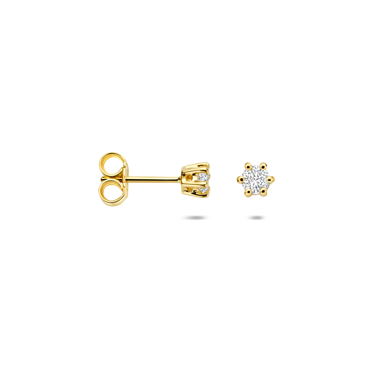 Voor- en zijaanzicht van de gouden oorknopjes met lab grown diamant van 14 karaat.
