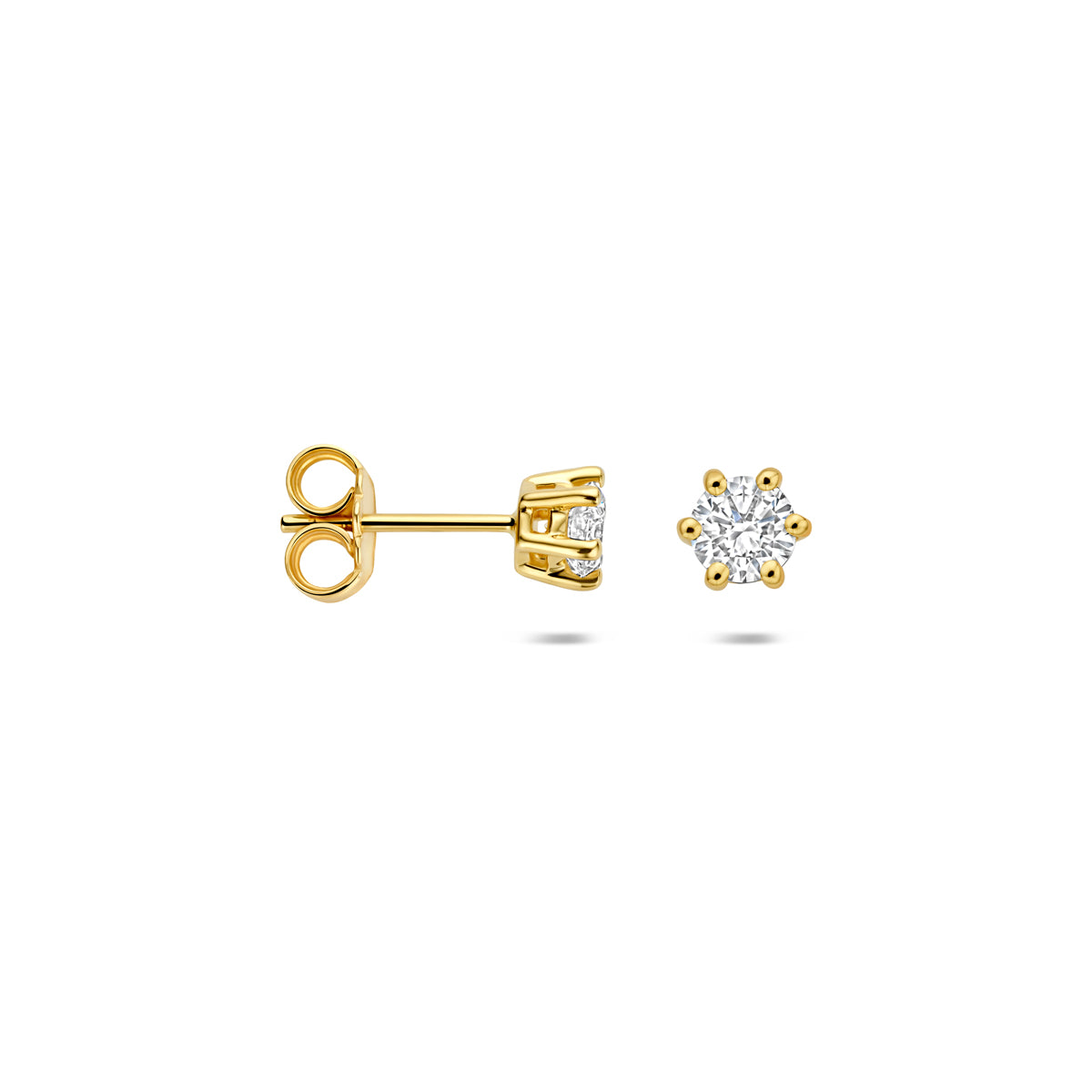Voor- en zijaanzicht van de gouden oorknopjes met lab grown diamant van 14 karaat.