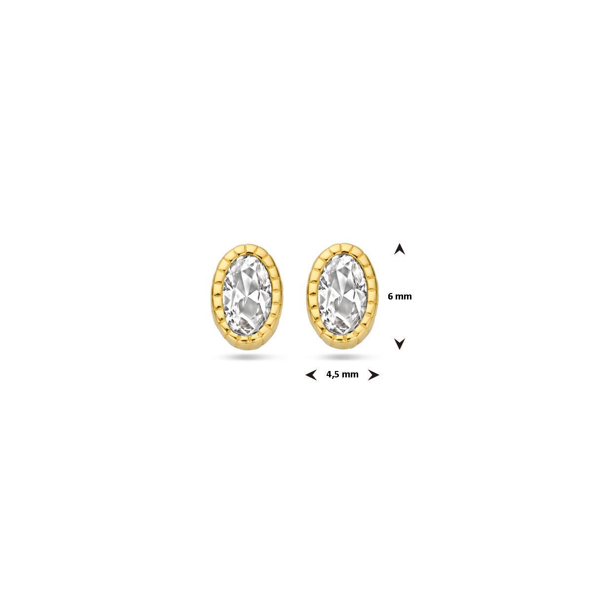 Afmetingen van de gouden oorknopjes met ovale zirkonia van 14 karaat: 6 mm hoog en 4,5 mm breed.