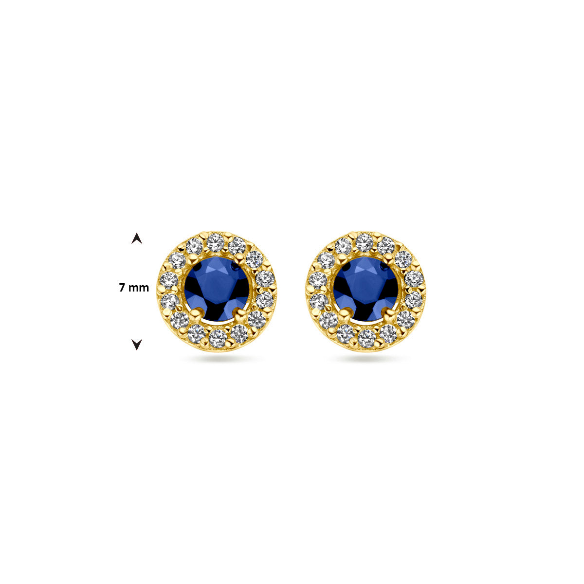 Afmetingen van de gouden oorknopjes met saffier en zirkonia van 14 karaat: 7 mm doorsnee.