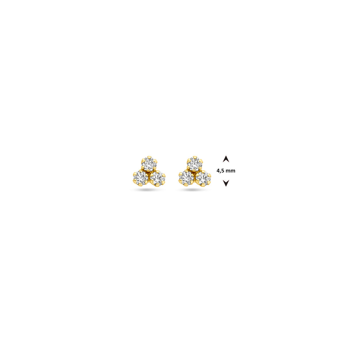 Afmetingen van de gouden oorknopjes met zirkonia van 14 karaat: 4,5 mm hoog en 4,5 mm breed.