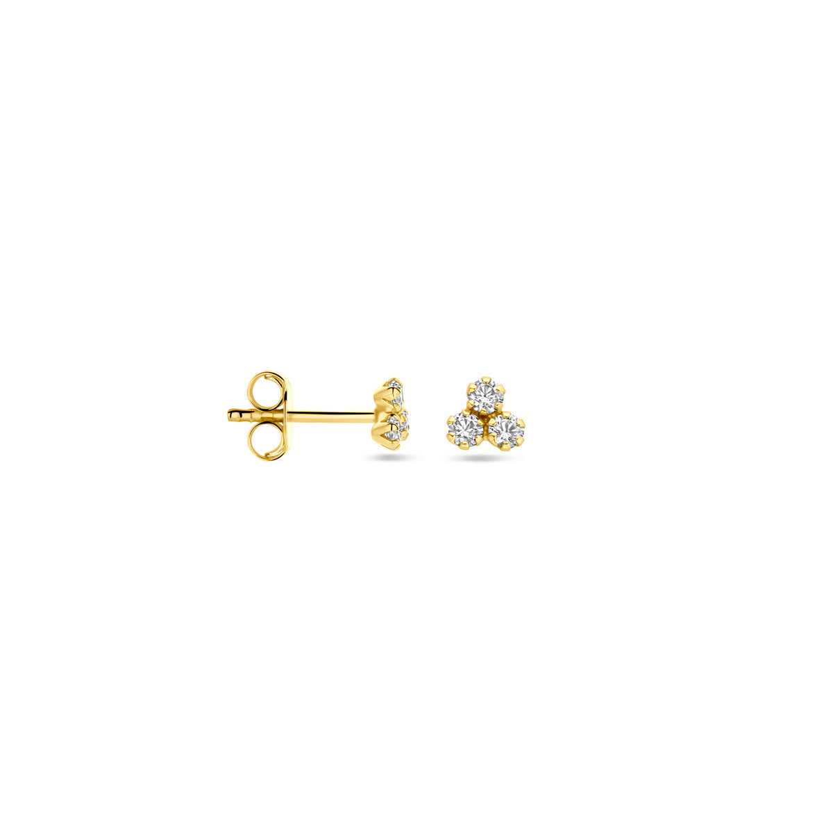 Voor- en zijaanzicht van de gouden oorknopjes met zirkonia van 14 karaat.