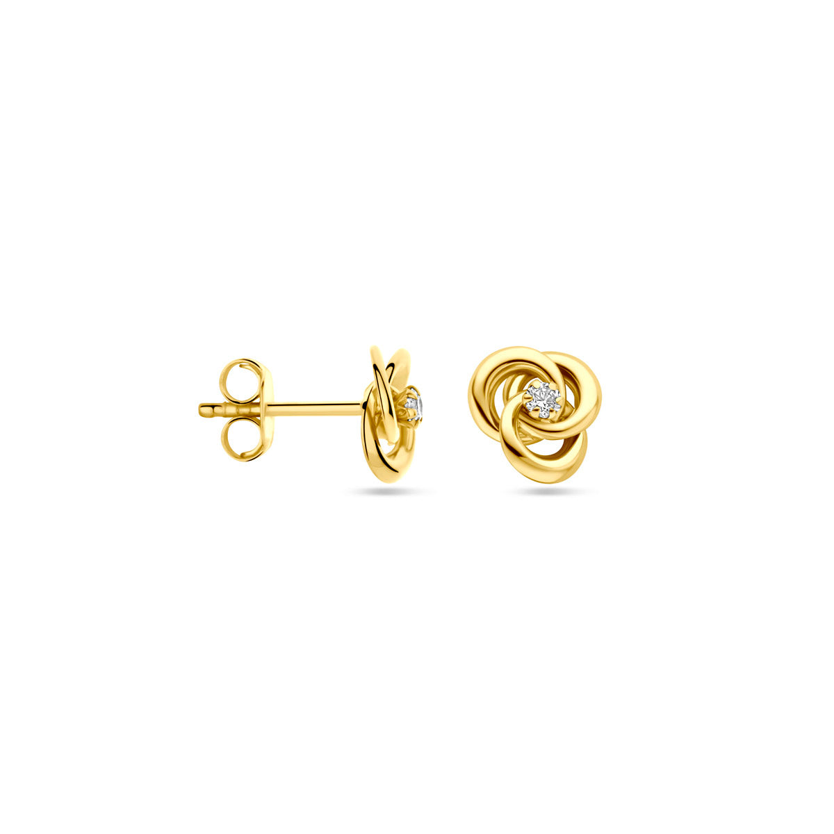 Voor- en zijaanzicht van de gouden oorknopjes met zirkonia van 14 karaat.