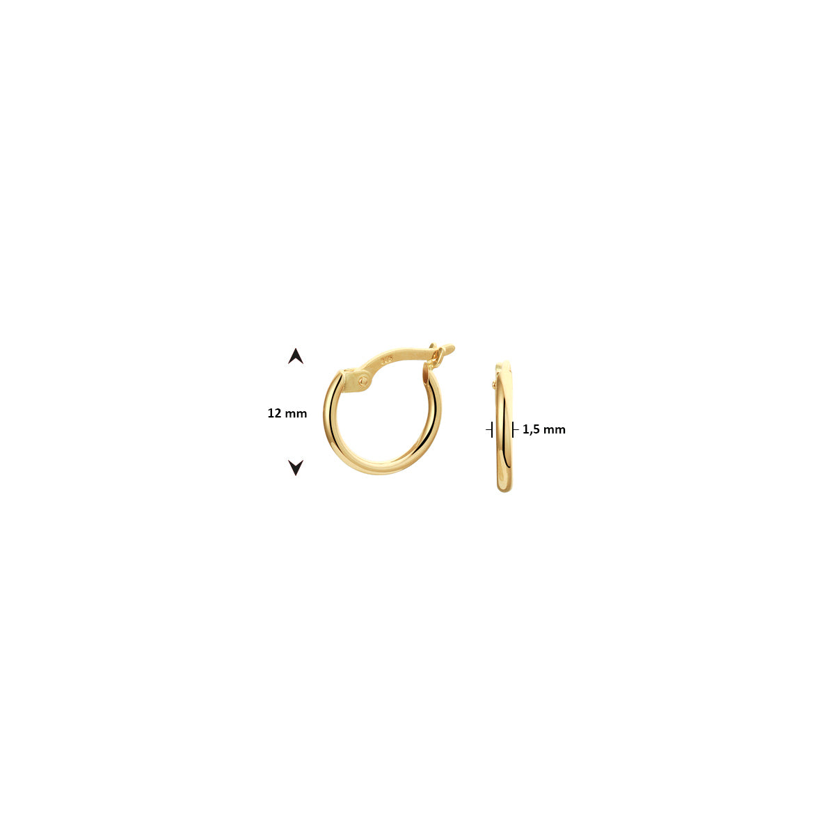 Afmetingen van de gouden oorring van 14 karaat: 12 mm doorsnee en 1,5 mm dik.