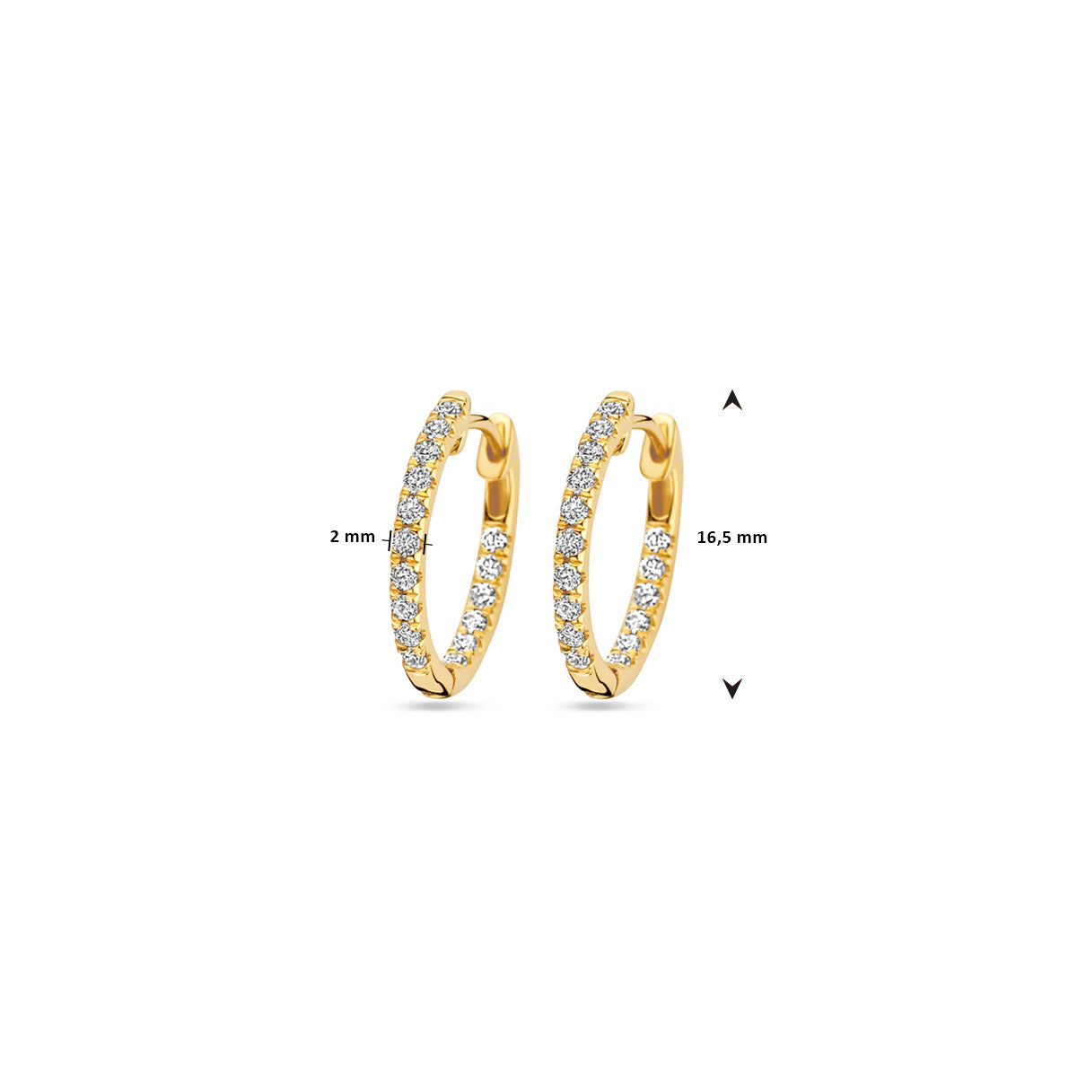 Afmetingen van de gouden oorringen met lab grown diamant van 14 karaat: 16,5 mm hoog en 2 mm breed.
