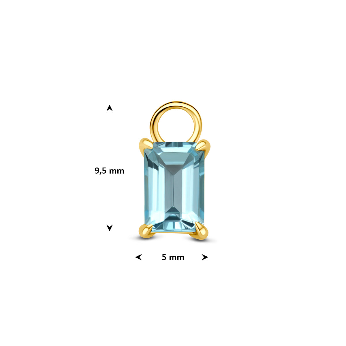 Afmetingen van de gouden oorringhanger met blauwe topaas van 14 karaat: 9,5 mm hoog en 5 mm breed, per stuk.