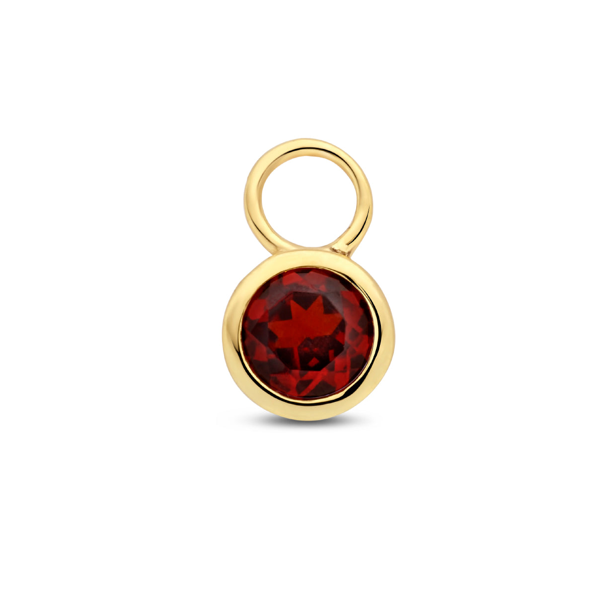 Vooraanzicht van de gouden oorringhanger met geboortesteen van 14 karaat (januari).