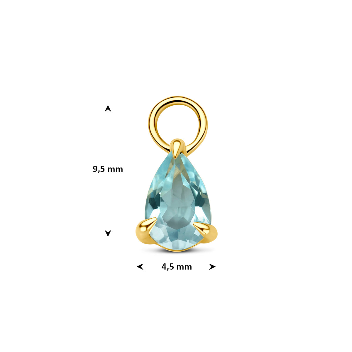 Afmetingen van de gouden oorringhanger met blauwe topaas van 14 karaat: 9,5 mm hoog en 4,5 mm breed.