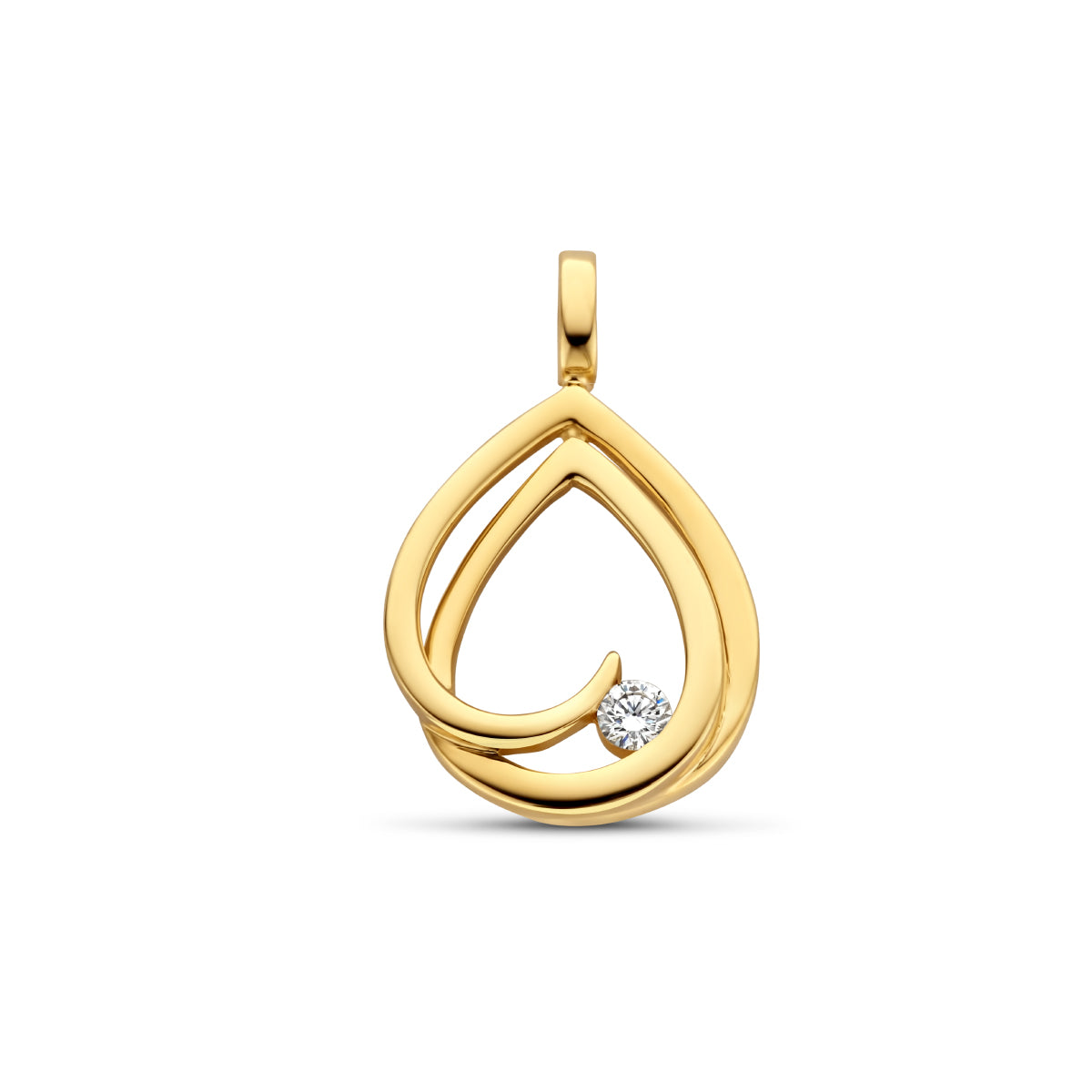 Vooraanzicht van de gouden open hanger met diamant van 14 karaat.