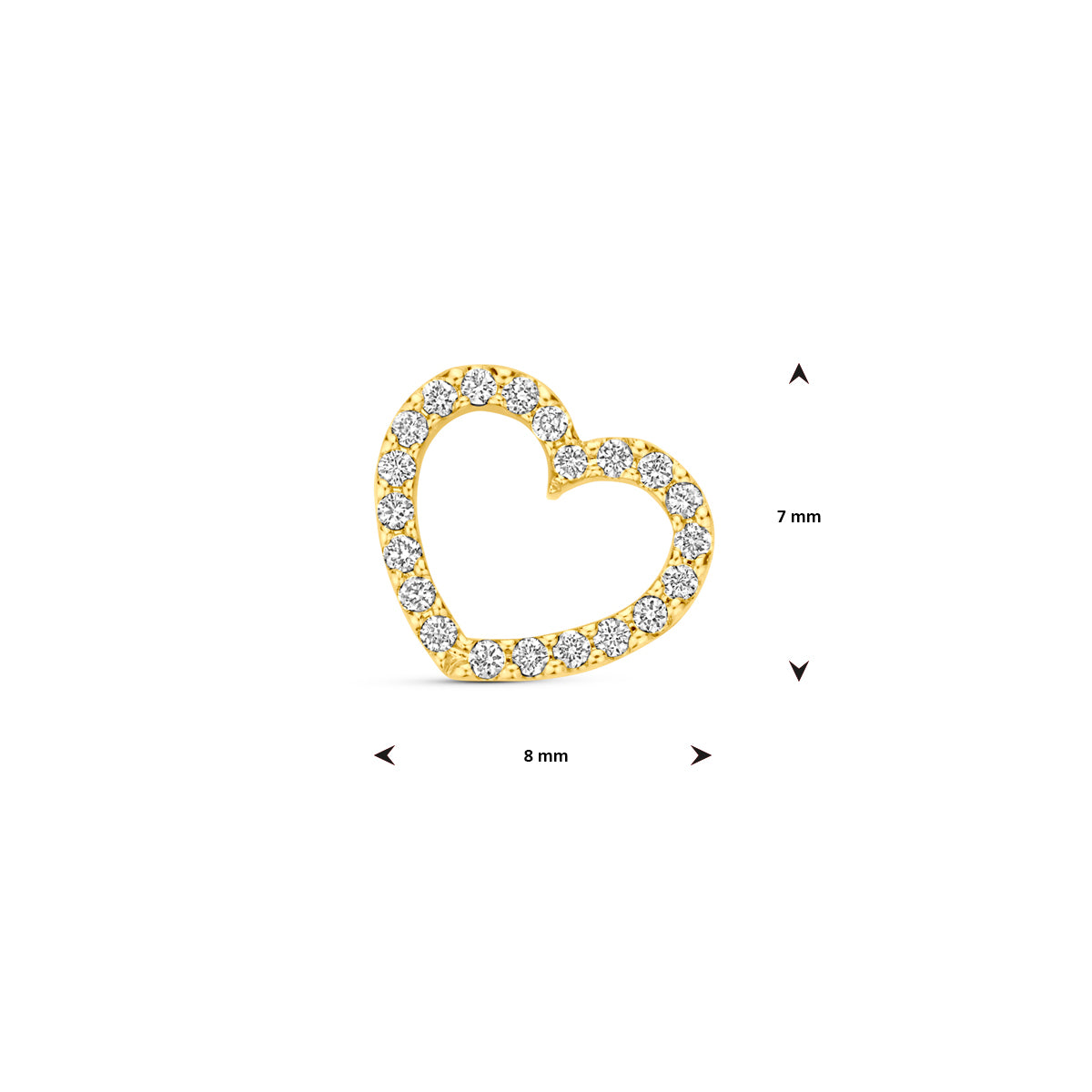 Afmetingen van de gouden open hartje hanger met diamant van 14 karaat: 7 mm hoog en 8 mm breed.