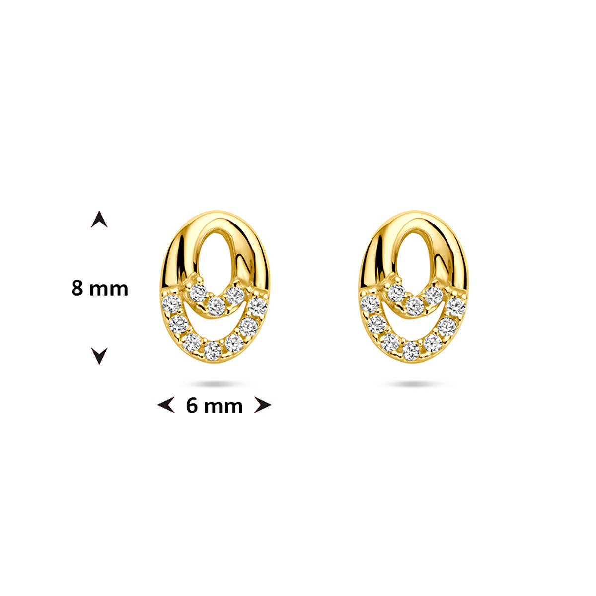 Afmetingen van de gouden open ovaal oorknopjes met zirkonia van 14 karaat: 8 mm hoog en 6 mm breed.