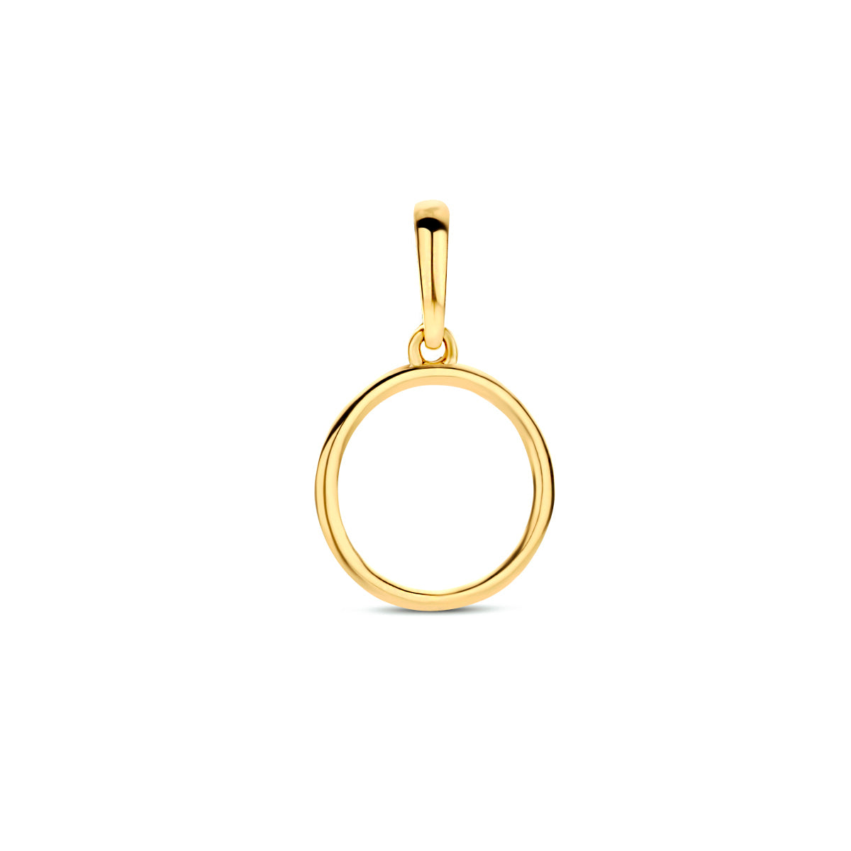 Vooraanzicht van de gouden open rondje hanger van 14 karaat.