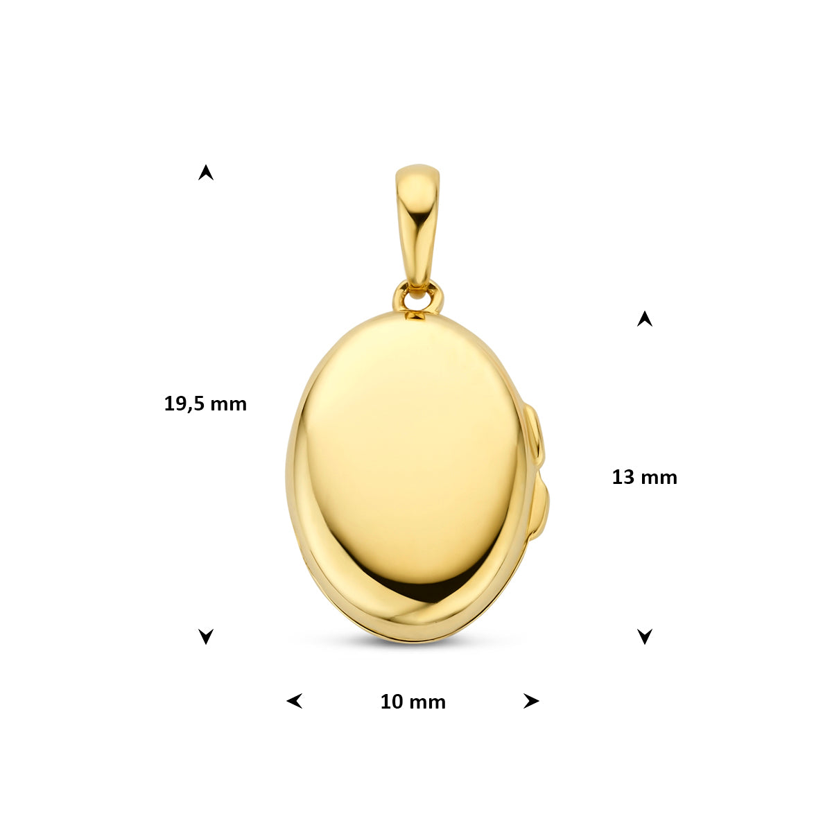 Afmetingen van het gouden ovale medaillon van 14 karaat: 19,5 mm hoog inclusief oog, 13 mm zonder oog en 10 mm breed.
