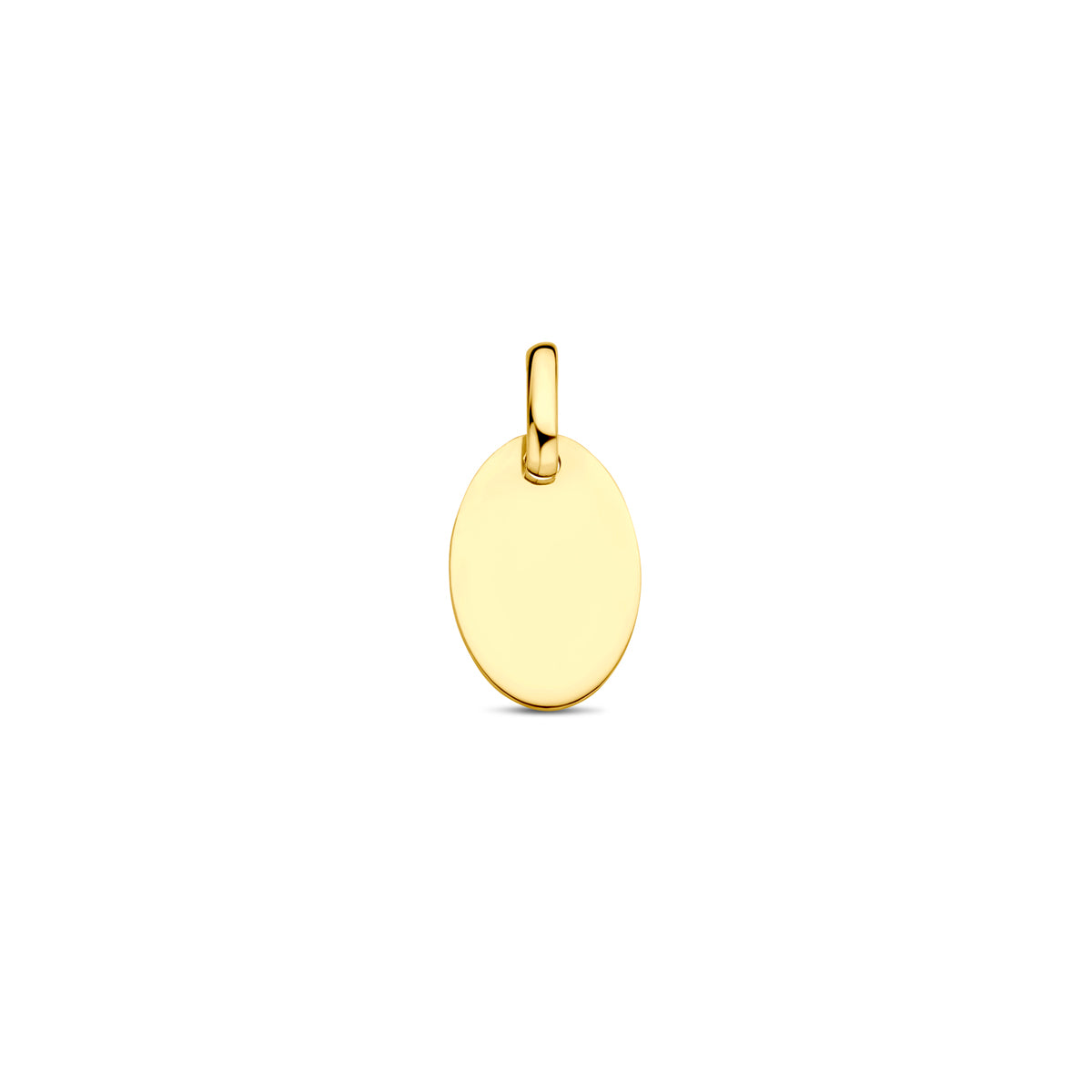 Vooraanzicht van de gouden ovale graveerhanger van 14 karaat van 8 mm.