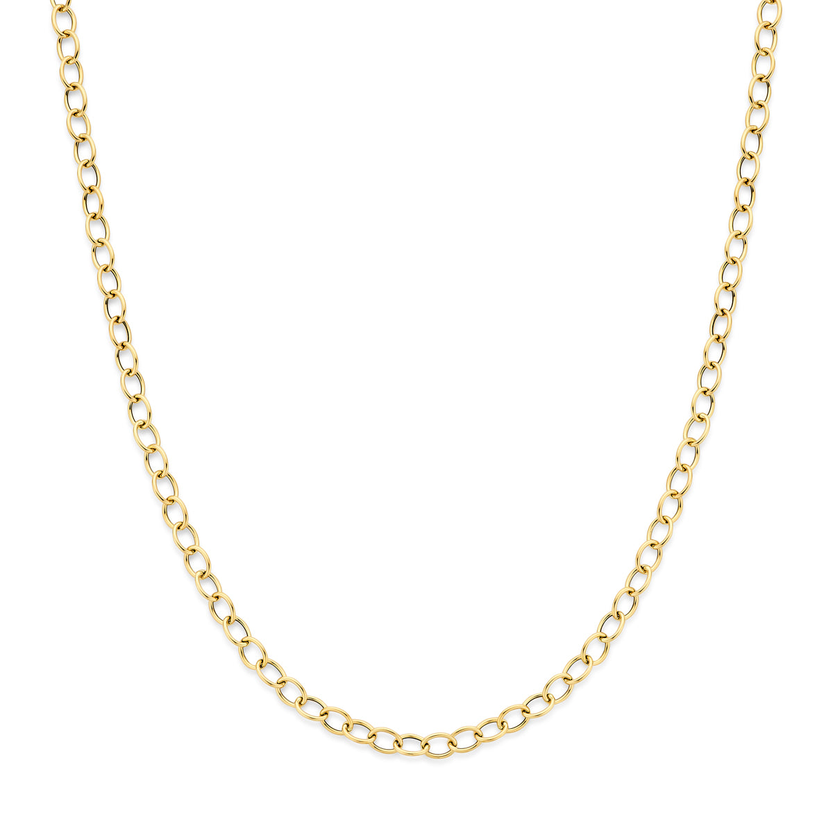 Vooraanzicht van de 14 karaat gouden ovale schakelhalsketting, 45 cm lang.