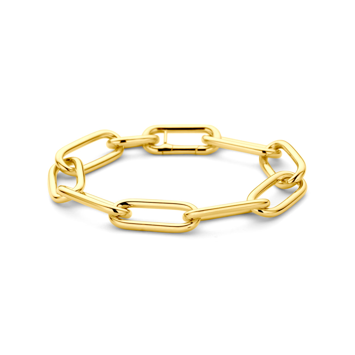 Vooraanzicht van de 14 karaat gouden paperclip armband, 19 cm lang en 10,5 mm breed.