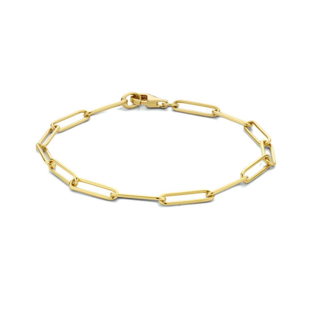 Vooraanzicht van de gouden paperclip armband van 14 karaat.