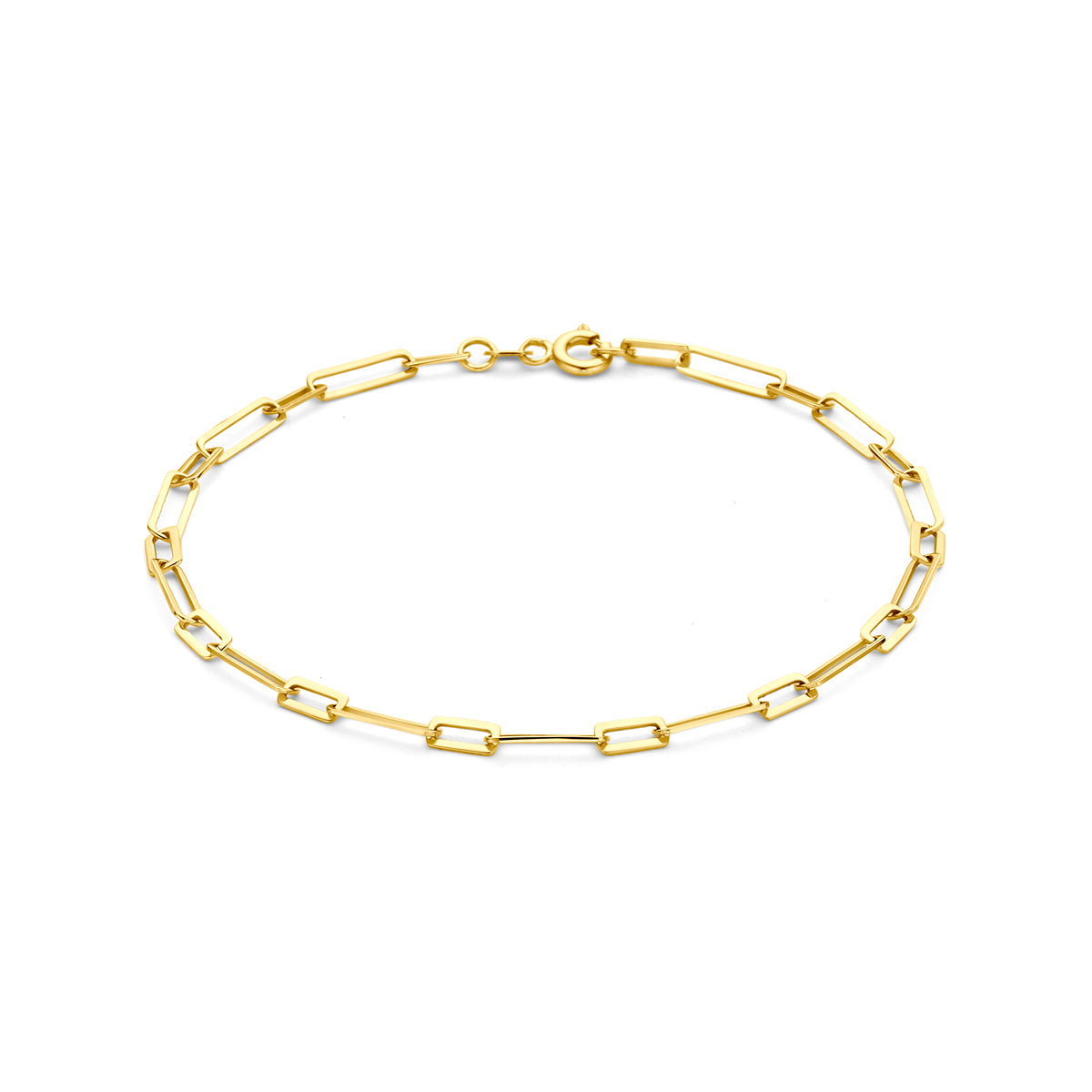 Vooraanzicht van de 14 karaat gouden paperclip armband, 19 cm lang en 3 mm breed.