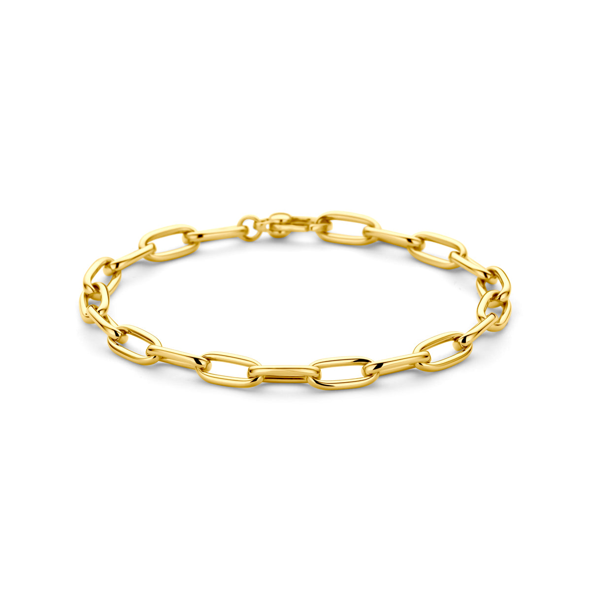 Vooraanzicht van de gouden paperclip armband van 14 karaat.