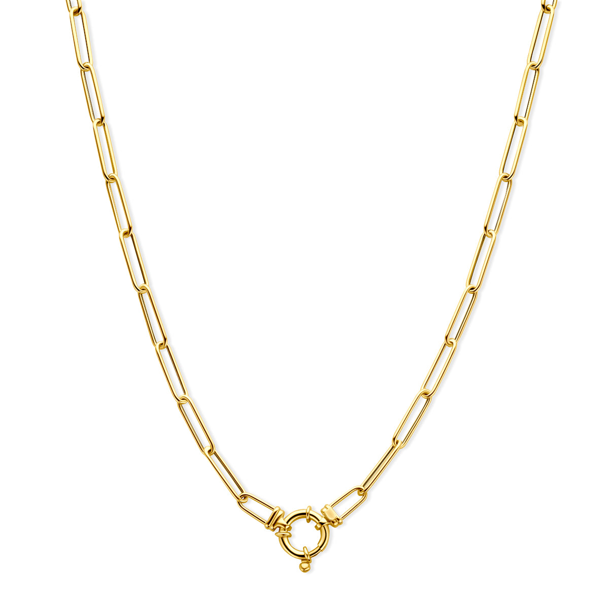 Vooraanzicht van de gouden paperclip halsketting van 14 karaat.