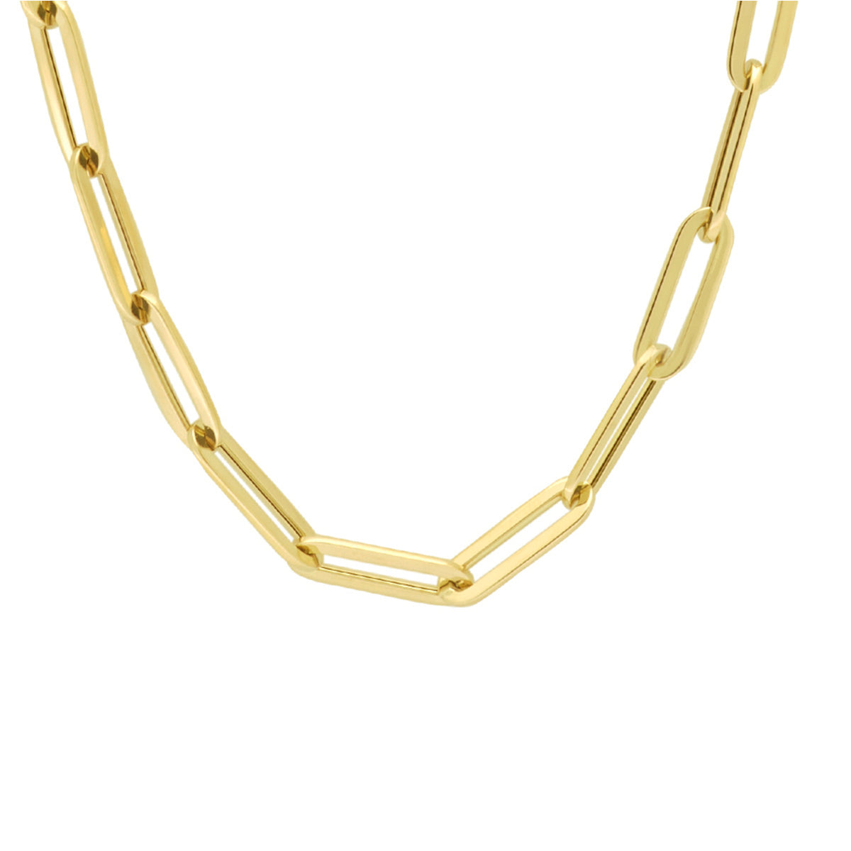 Vooraanzicht van de gouden paperclip ketting van 14 karaat.