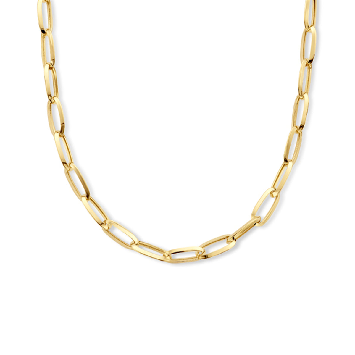 Vooraanzicht van de gouden paperclip ketting van 14 karaat.