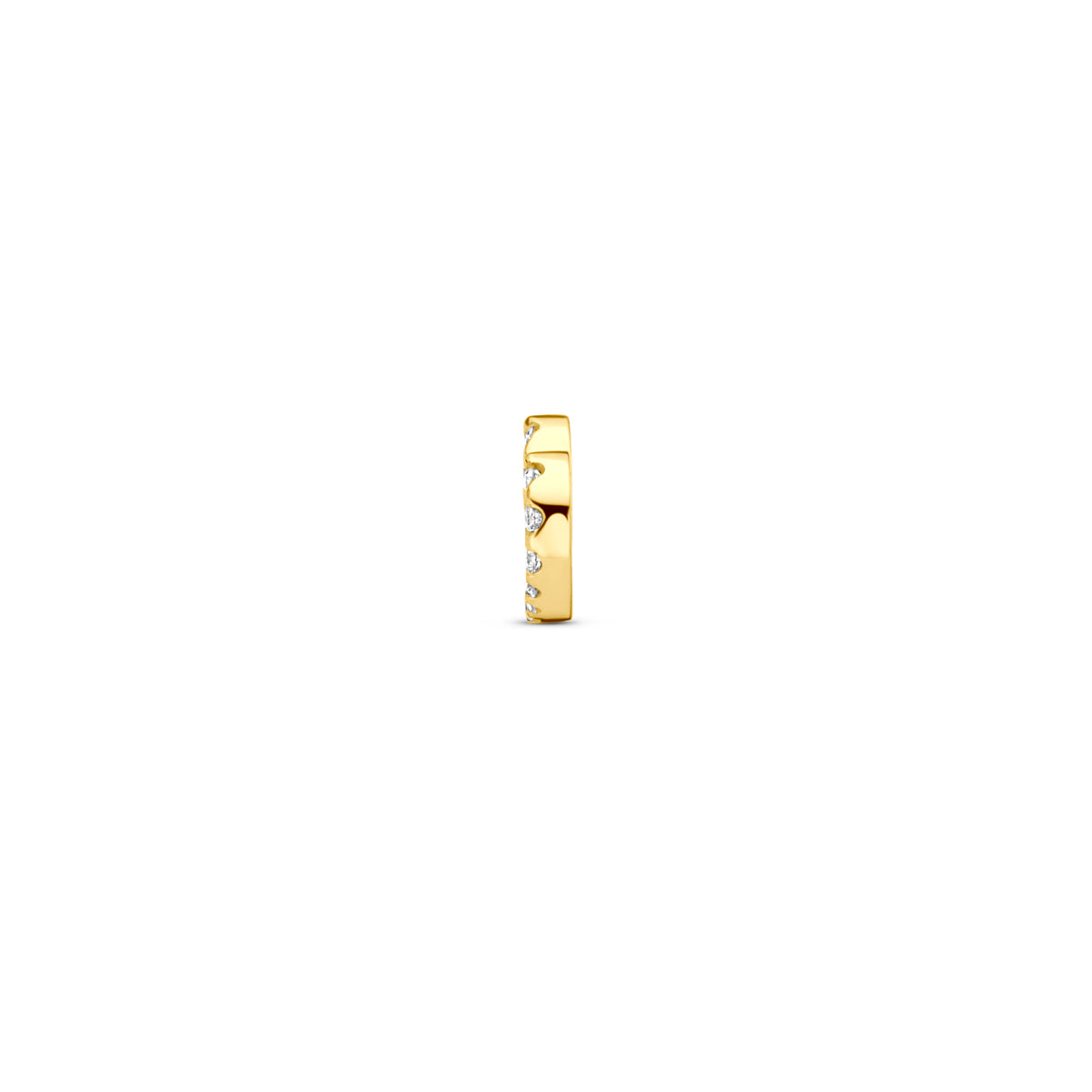Zijaanzicht van de gouden pavé hartje hanger met diamant van 14 karaat.