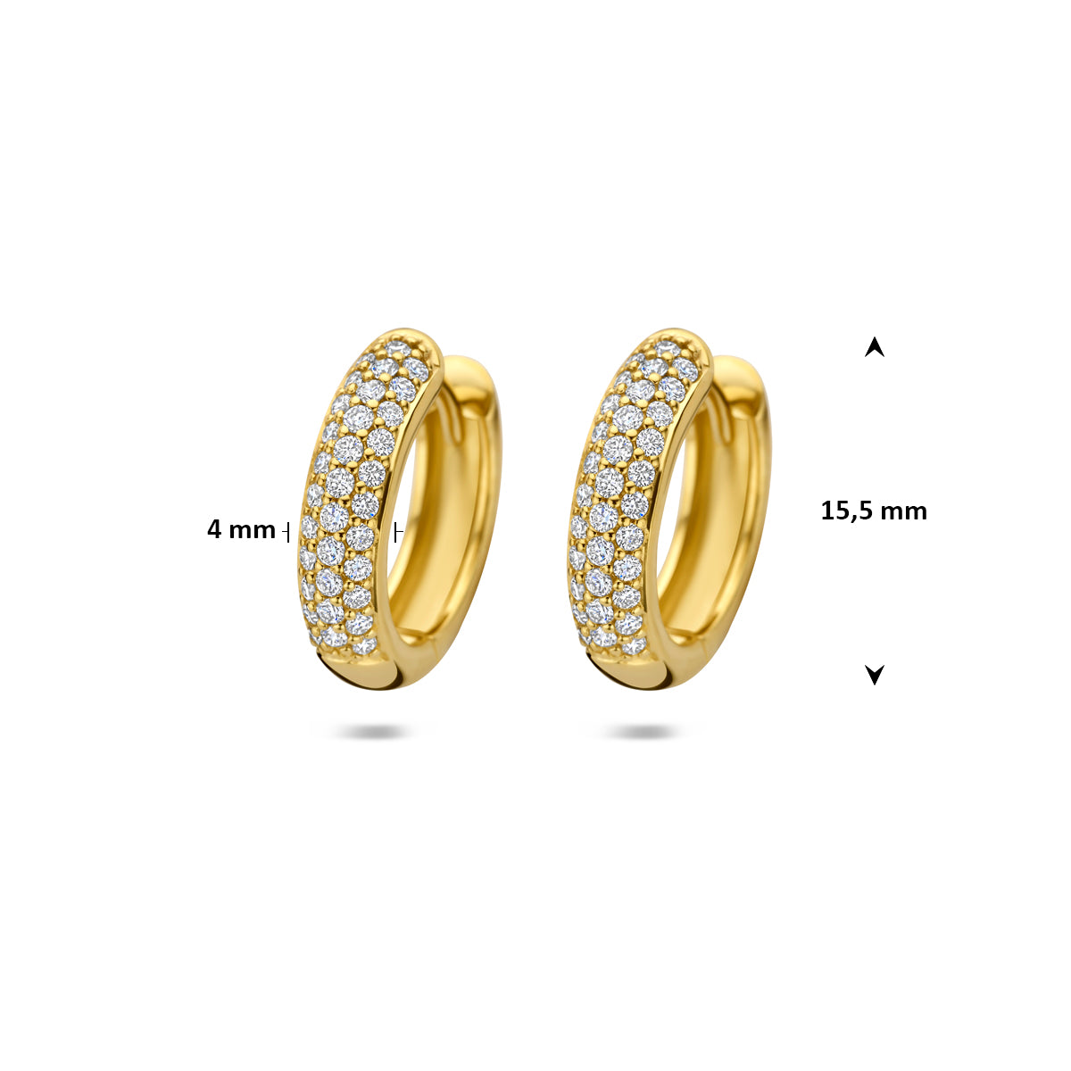 Afmetingen van de gouden pavé klapoorringen met diamant van 14 karaat: 15,5 mm doorsnee en 4 mm dik.