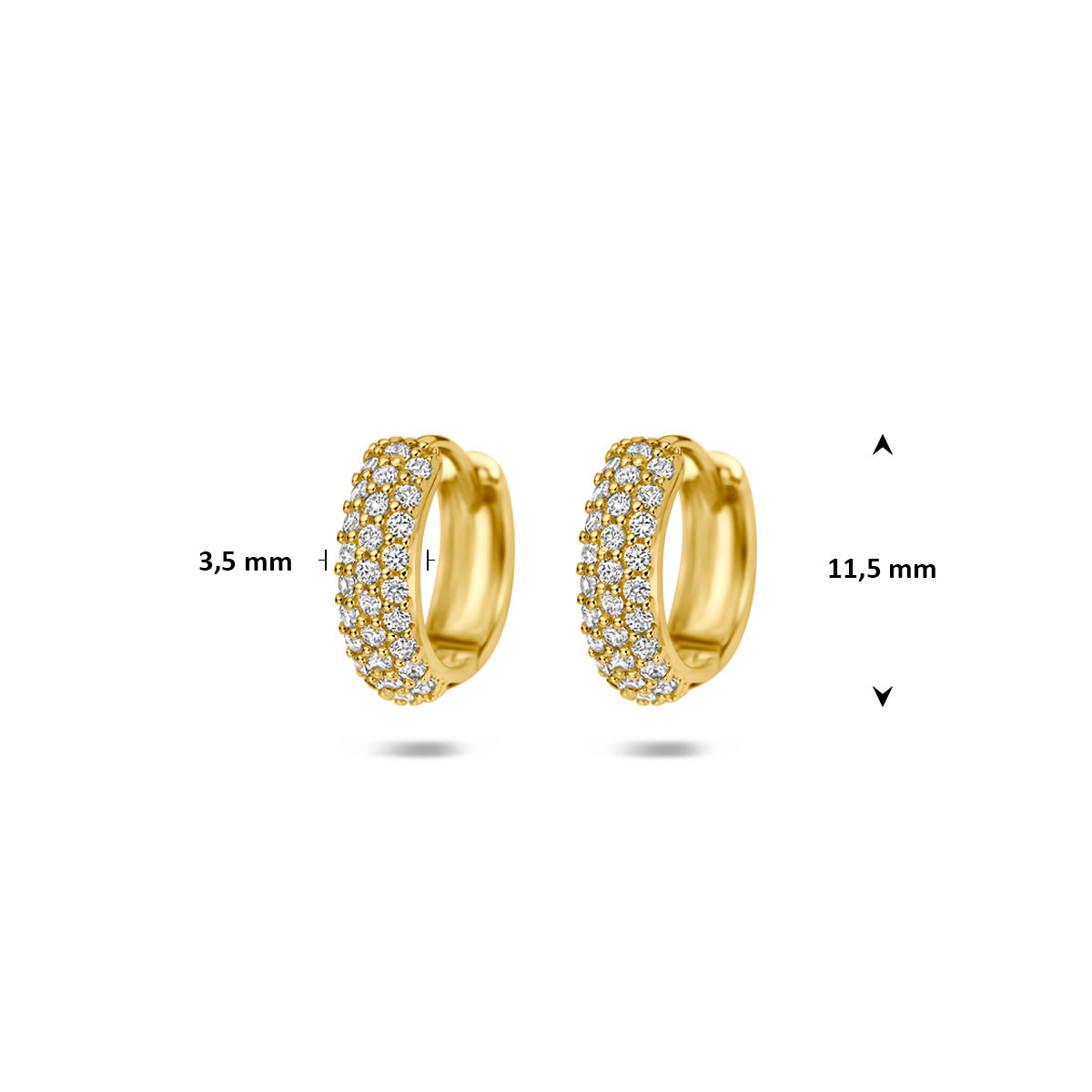 Afmetingen van de gouden pavé klapoorringen met zirkonia van 14 karaat: 11,5 mm doorsnee en 3,5 mm breed.